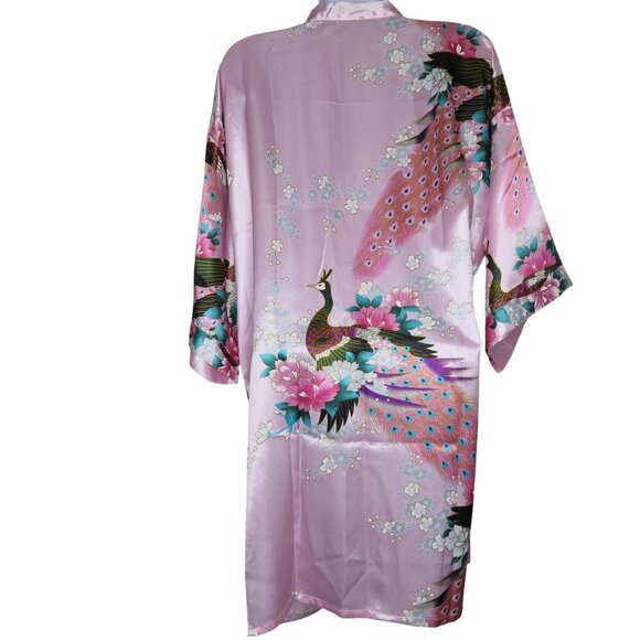 Peacock Print Satin Kimono Robe Belt Pink Floral Design Small Womens Lounge Wear - Picture 5 of 6